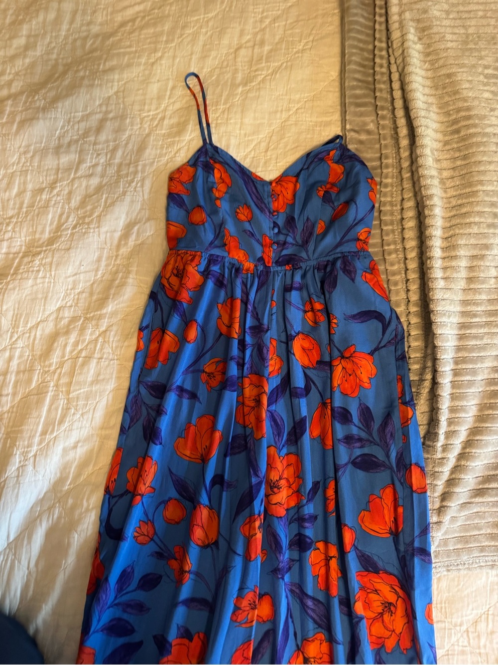 Blue Floral Spaghetti-Strap Jumpsuit with Orange Print